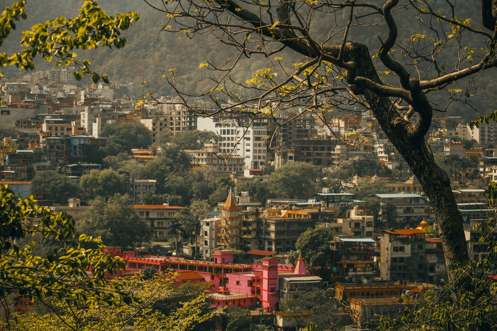 A bustling city nestled among lush green hills.